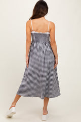 Black Gingham Smocked Trim Midi Dress