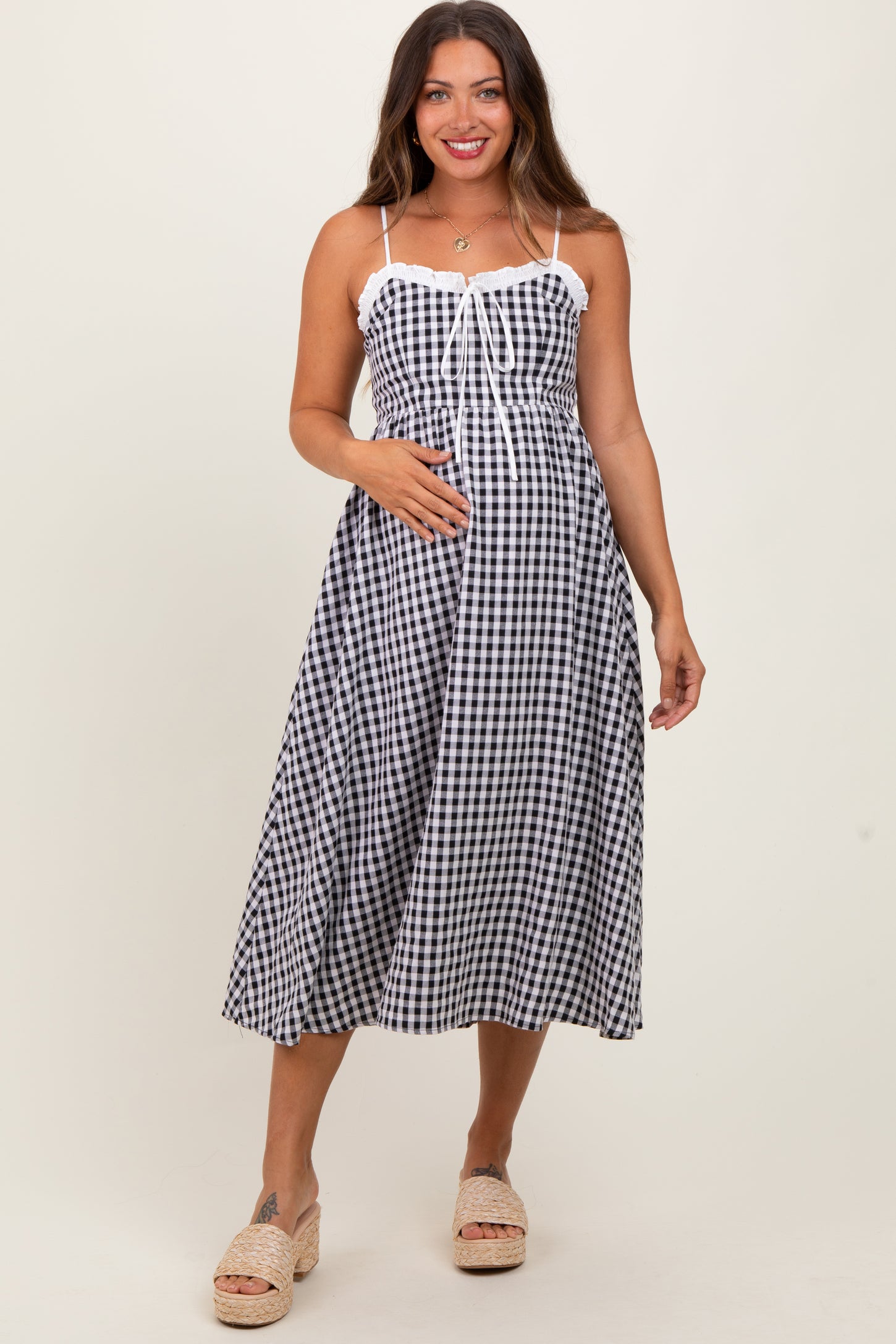 Black Gingham Smocked Trim Maternity Midi Dress