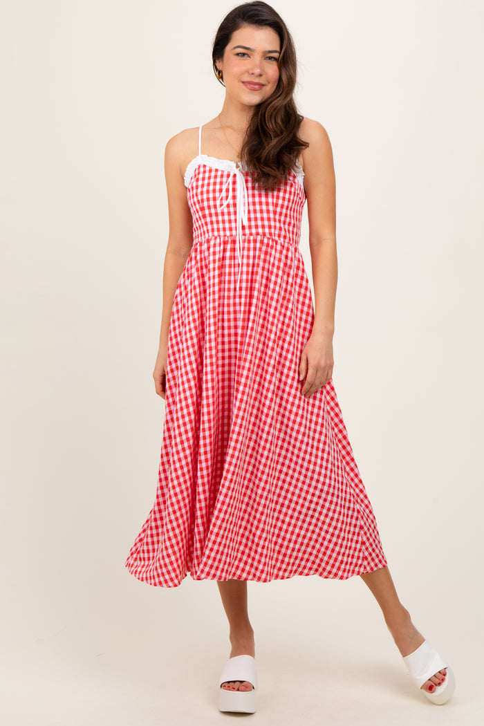 Red Gingham Smocked Trim Maternity Midi Dress
