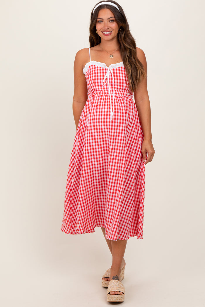 Red Gingham Smocked Trim Maternity Midi Dress