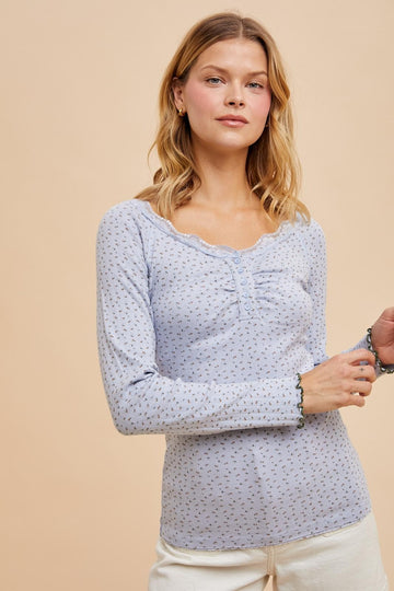 Light Blue Lace Trim Floral Fitted Top