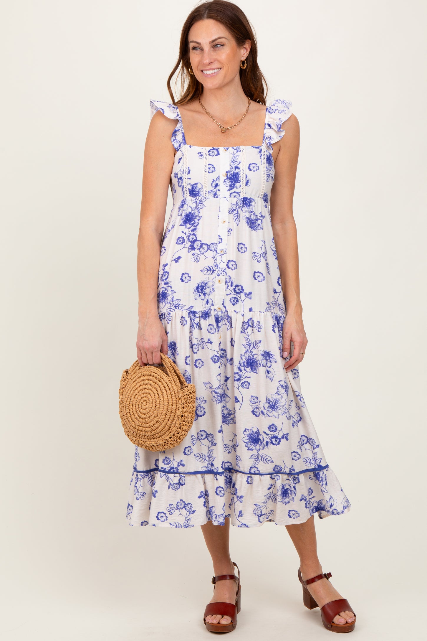 Navy Floral Ruffle Strap Tiered Maternity Midi Dress