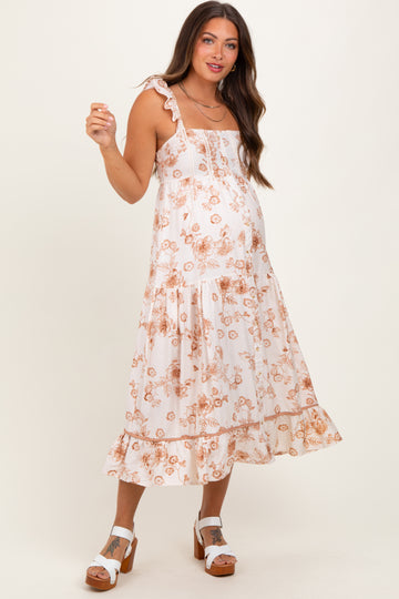 Brown Floral Ruffle Strap Tiered Maternity Midi Dress