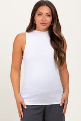 White Ribbed Sleeveless Mock Neck Maternity Top