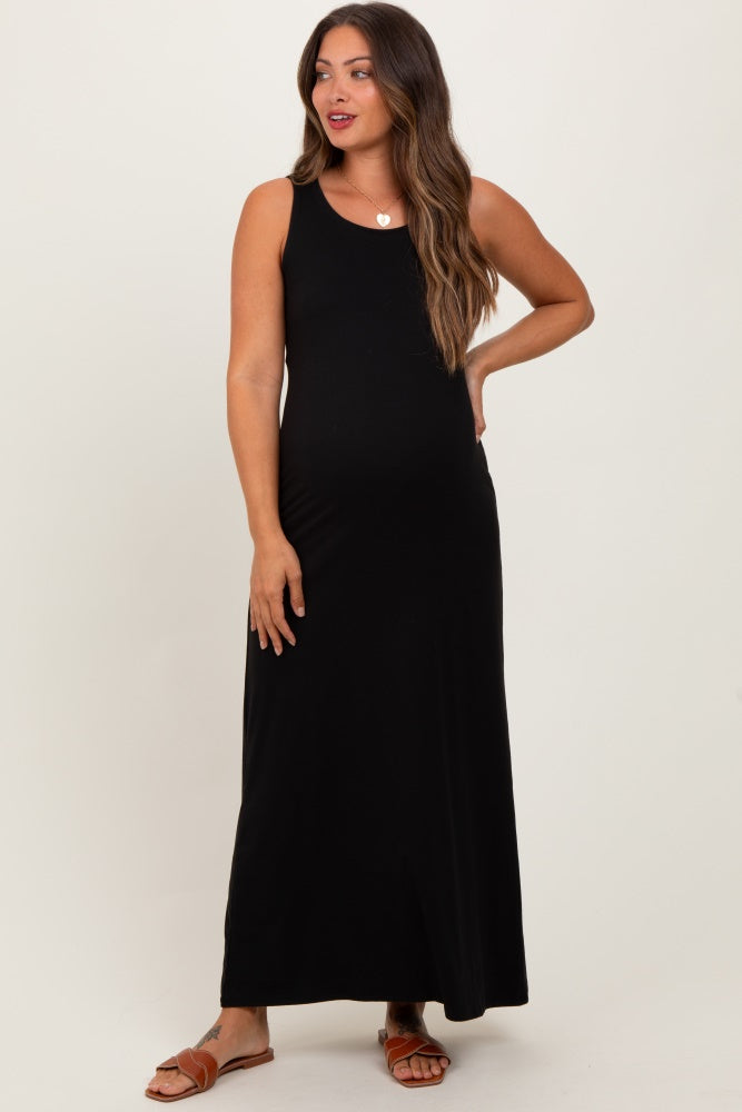 Black Sleeveless Flared Scoop Neck Maternity Maxi Dress