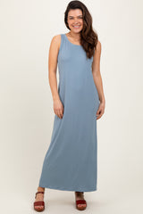 Light Blue Sleeveless Flared Scoop Neck Maternity Maxi Dress