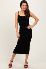 Black Ribbed Bodycon Maternity Midi Dress