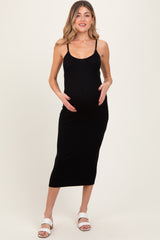 Black Ribbed Bodycon Maternity Midi Dress