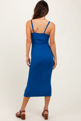 Blue Ribbed Bodycon Midi Dress