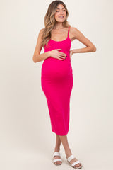 Fuchsia Ribbed Bodycon Maternity Midi Dress