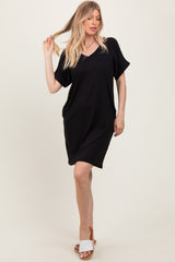 Black Brushed Rolled Short Sleeve V-Neck Dress