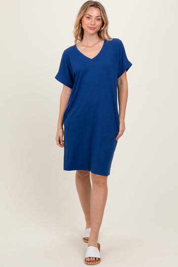 Navy Brushed Rolled Short Sleeve V-Neck Dress