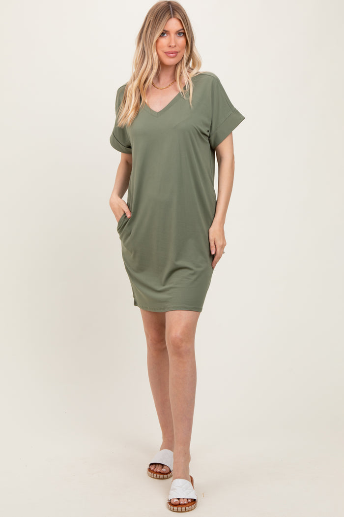 Light Olive Brushed Rolled Short Sleeve V-Neck Dress