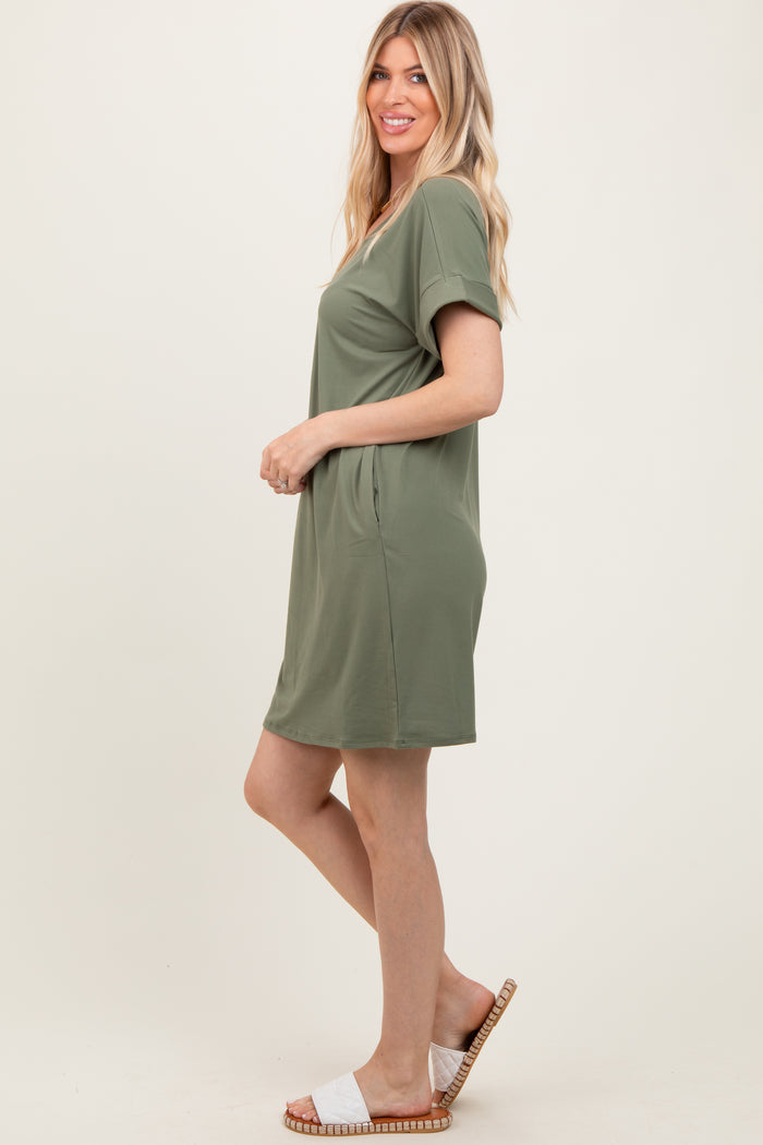 Light Olive Brushed Rolled Short Sleeve V-Neck Dress