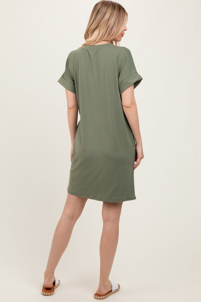 Light Olive Brushed Rolled Short Sleeve V-Neck Dress