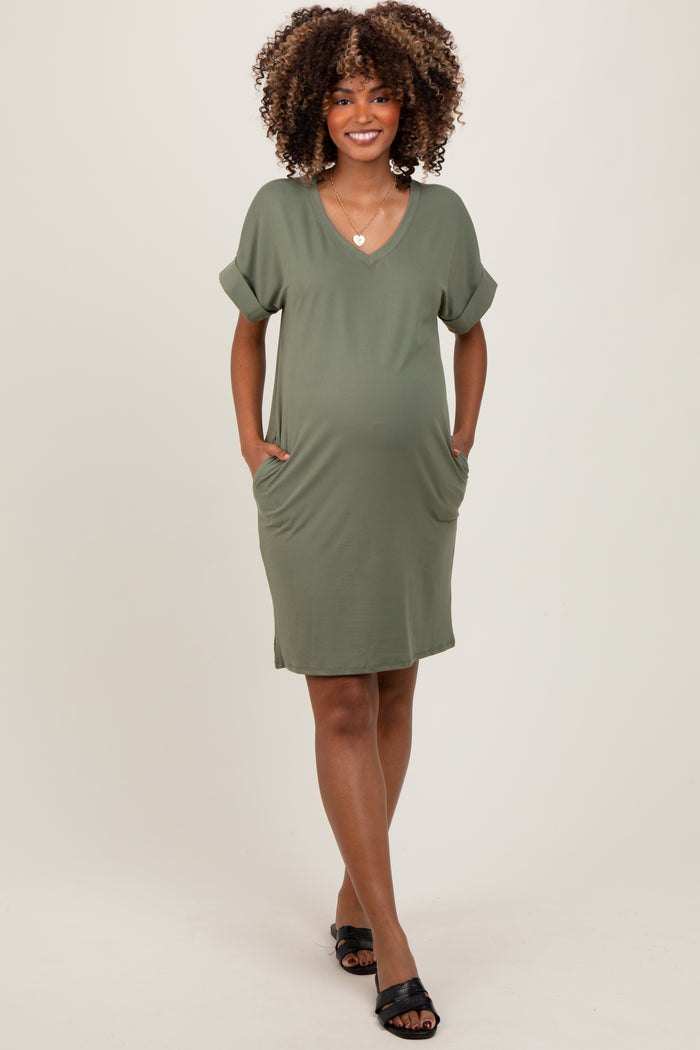 Light Olive Brushed Rolled Short Sleeve V-Neck Maternity Dress