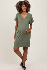 Light Olive Brushed Rolled Short Sleeve V-Neck Maternity Dress