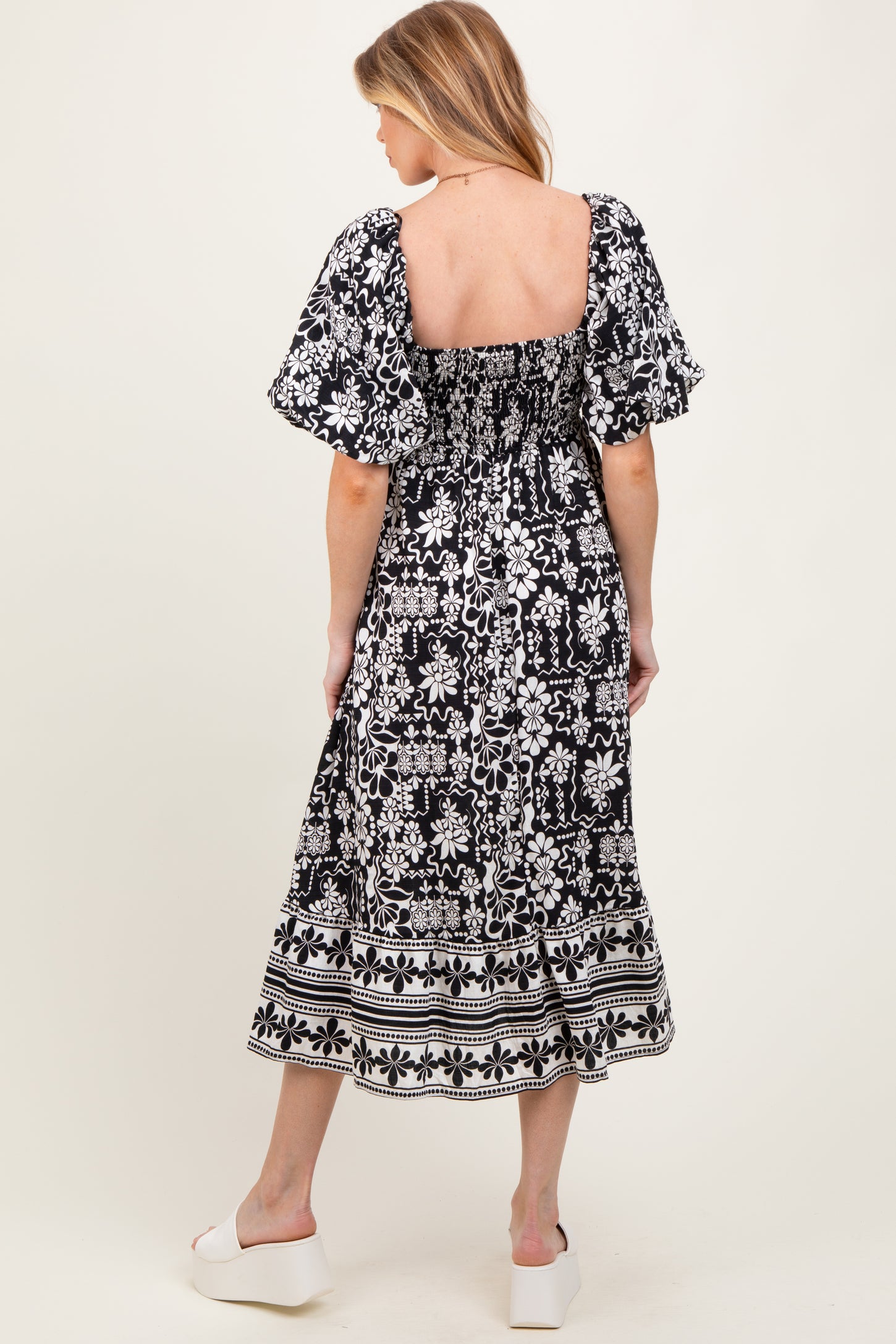 Black Floral Scallop Trim Maternity Midi Dress