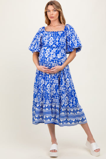 Blue Floral Scallop Trim Maternity Midi Dress
