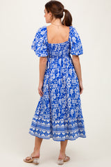 Blue Floral Scallop Trim Midi Dress