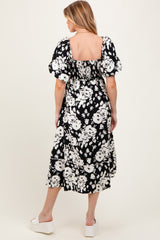 Black Floral Scallop Trim Puff Sleeve Maternity Midi Dress
