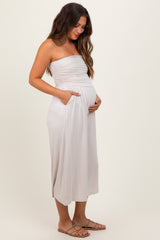 Beige Double Layered Strapless Tube Top Maternity Jumpsuit