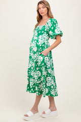 Green Floral Scallop Trim Puff Sleeve Maternity Midi Dress