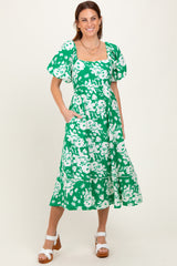 Green Floral Scallop Trim Puff Sleeve Maternity Midi Dress
