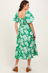 Green Floral Scallop Trim Puff Sleeve Midi Dress