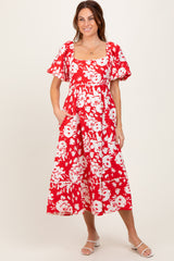 Red Floral Scallop Trim Puff Sleeve Midi Dress