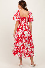 Red Floral Scallop Trim Puff Sleeve Midi Dress