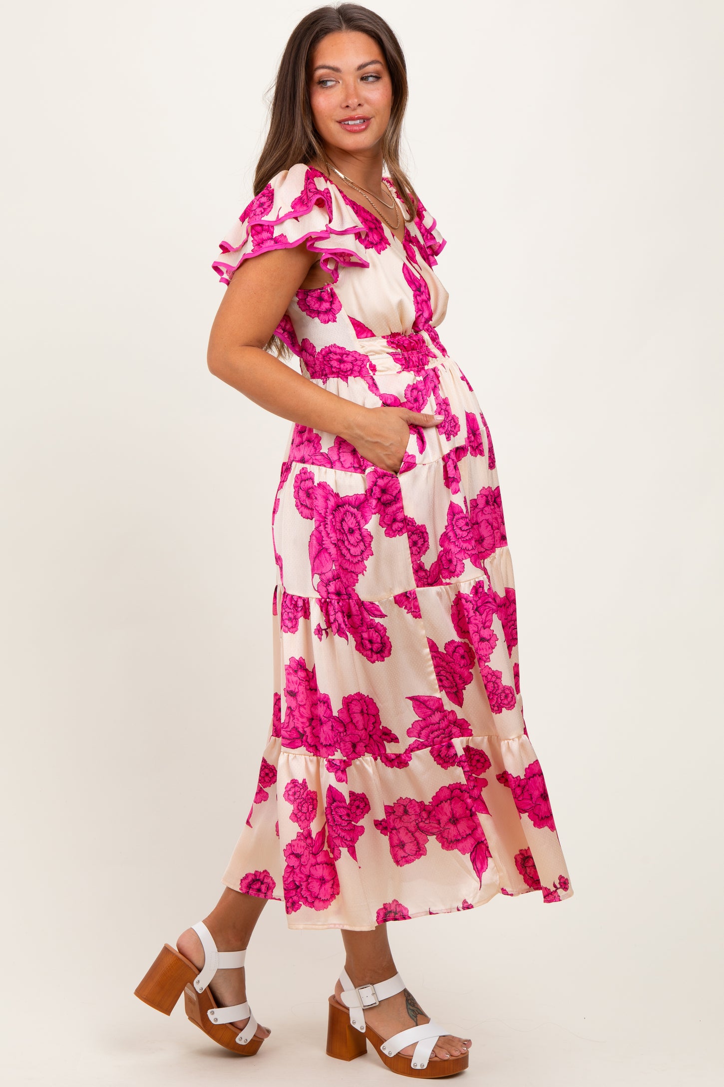 Cream Floral Smocked Waist Tiered Maternity Midi Dress