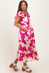 Cream Floral Smocked Waist Tiered Maternity Midi Dress