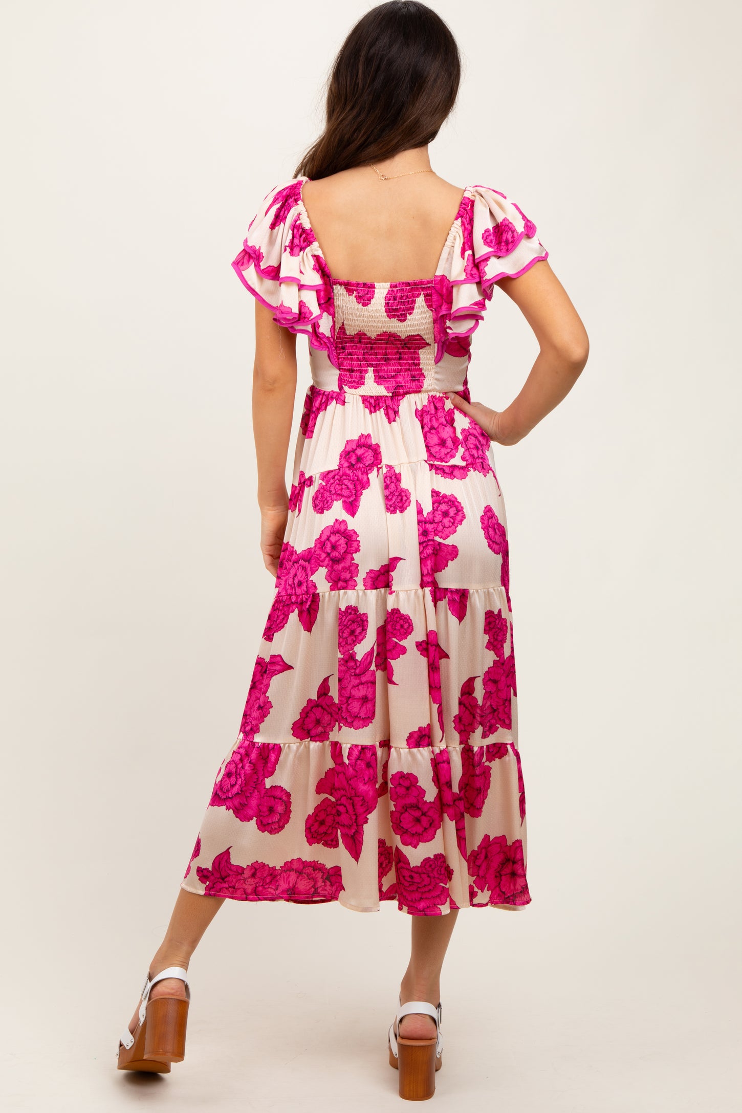 Cream Floral Smocked Waist Tiered Midi Dress