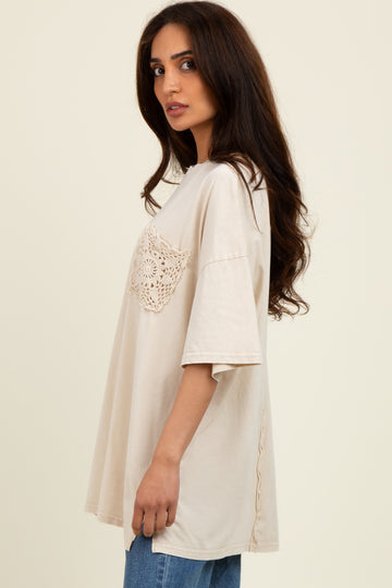 Light Beige Mineral Wash Crochet Pocket Top