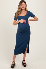 Navy Ribbed Short Sleeve Side Slit Maternity Midi Dress
