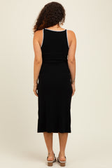 Black Ribbed Knit Embroidered Maternity Midi Dress