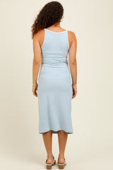 Light Blue Ribbed Knit Embroidered Maternity Midi Dress