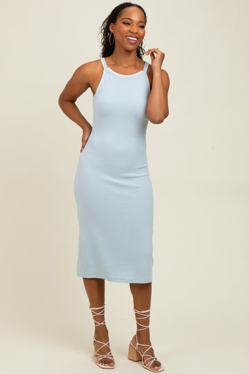 Light Blue Ribbed Knit Embroidered Midi Dress