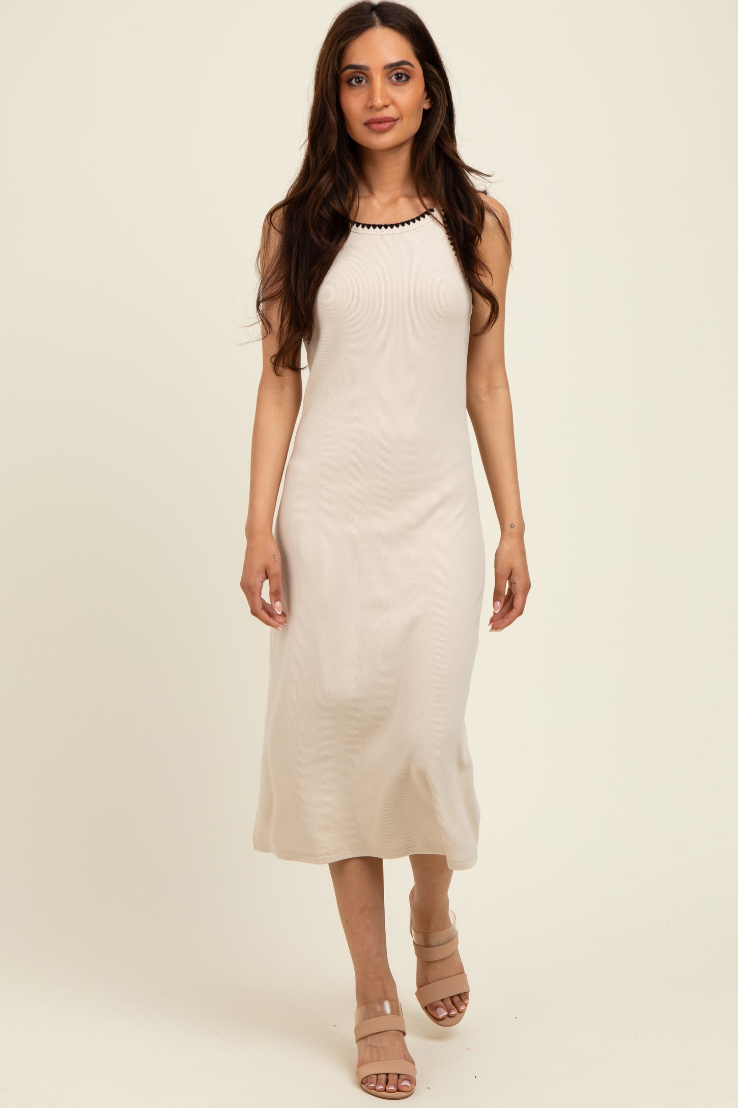 Beige Ribbed Knit Embroidered Midi Dress