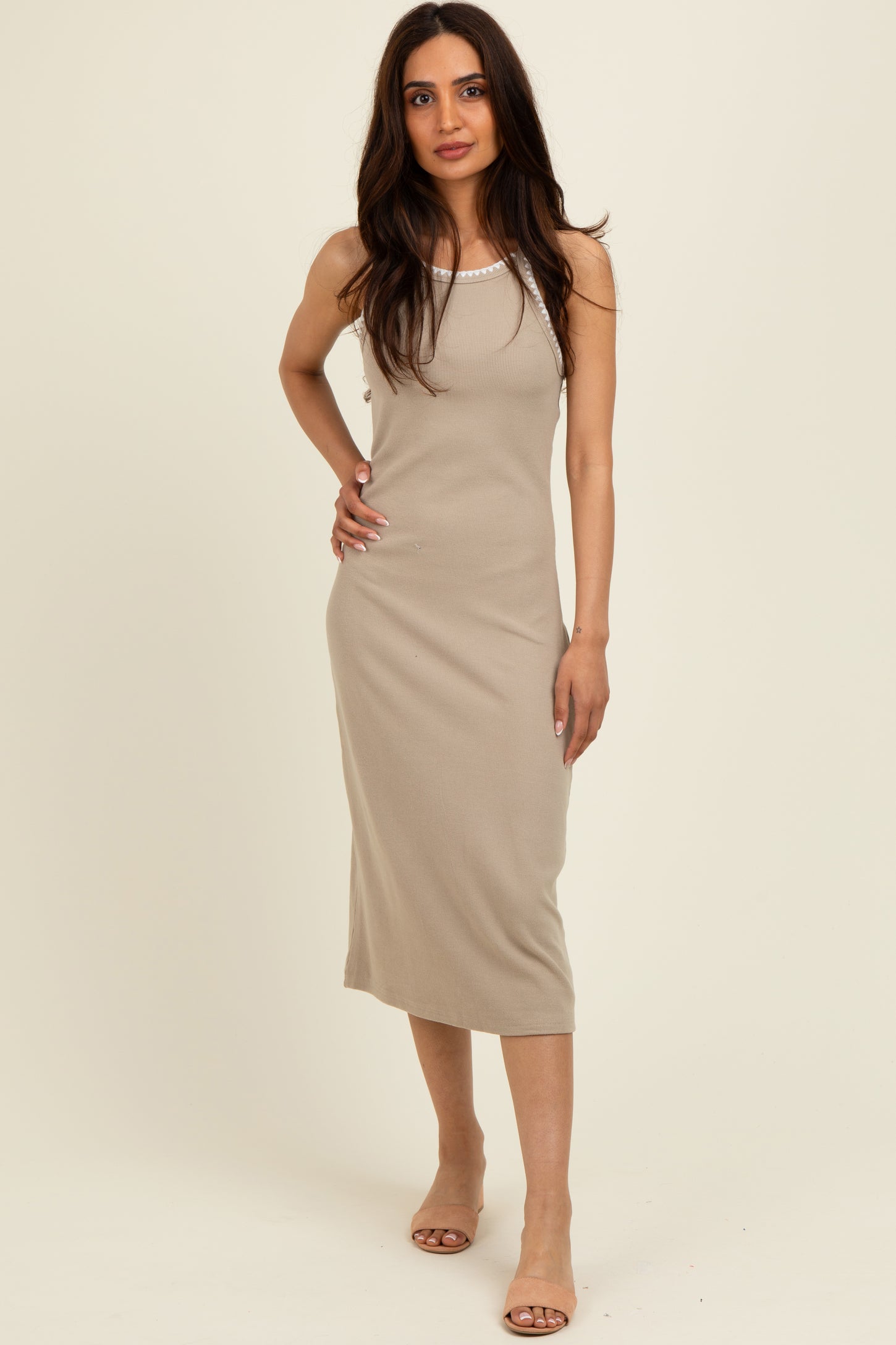 Taupe Ribbed Knit Embroidered Maternity Midi Dress