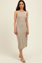 Taupe Ribbed Knit Embroidered Midi Dress