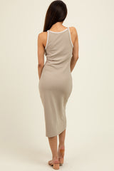Taupe Ribbed Knit Embroidered Midi Dress