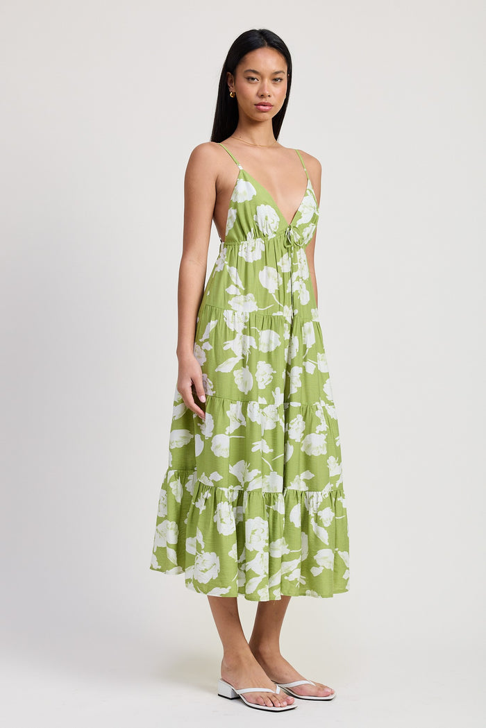 Lime Floral Front Tie Tiered Midi Dress