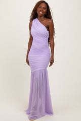 Lavender Ruched Mesh One Shoulder Maxi Dress