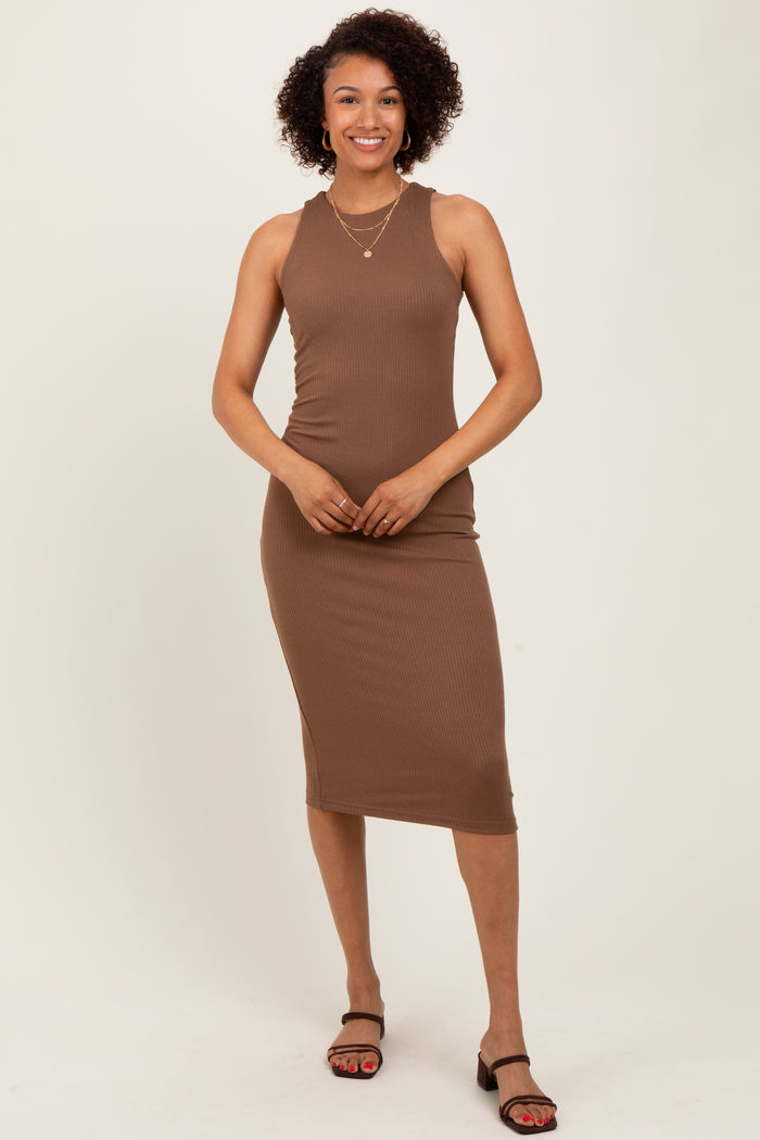 Brown Sleeveless Ribbed Knit Midi Dress