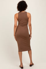 Brown Sleeveless Ribbed Knit Midi Dress