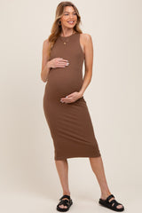 Brown Sleeveless Ribbed Knit Maternity Midi Dress