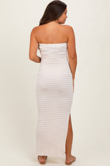 Beige Striped Halter Neck Fitted Maternity Maxi Dress