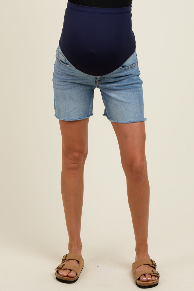 Light Blue Raw Hem Maternity Bermuda Denim Shorts